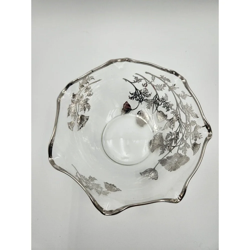 Silver Overlay floral poppy Flanders nut or candy‎ dish 25th anniversary gift